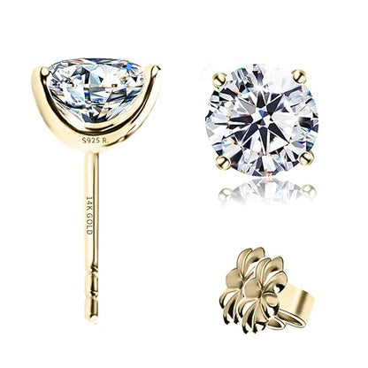 "STUNNING FLAME" Solid 14K Gold Post & Sterling Silver Round Cut Cubic-Zirconia Stud CZ Earrings | Hypoallergenic Jewelry - color: 14k Gold Post & Sterling Silver - Yellow, size: 4.0 Carat-(2.0ct*2)-8mm