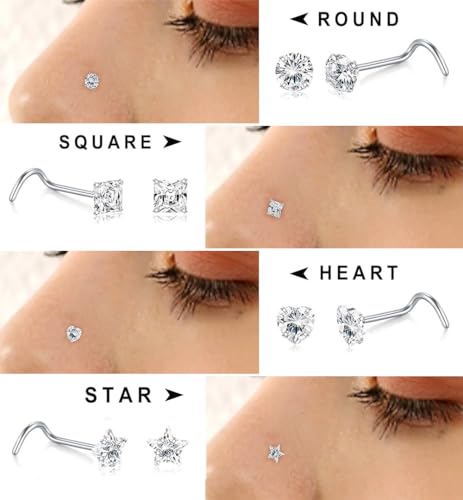 SEEDRILL 8Pcs 20G Nose Rings studs for Woman Hypoallergenic Nose Studs 316L Surgical Steel with Gold Plated Nose Piercings Jewelry 3mm CZ L Shape Nose Rings 20 Gauge Nose Stud Nose Screw Studs - style: 8Pcs/20G/3mm CZ/Screw Shape/Silver