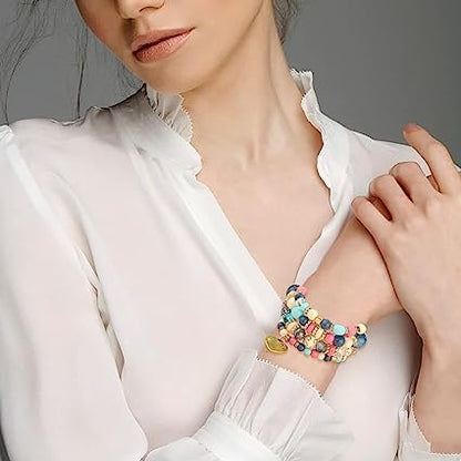 Women Beaded Bracelet Set | Colorful Boho Stackable Trendy Design with Crystal Accents Multilayer Bangle Bracelet | Fashion Stretch Braclets Jewelry for Women - color: Mixed-Pink