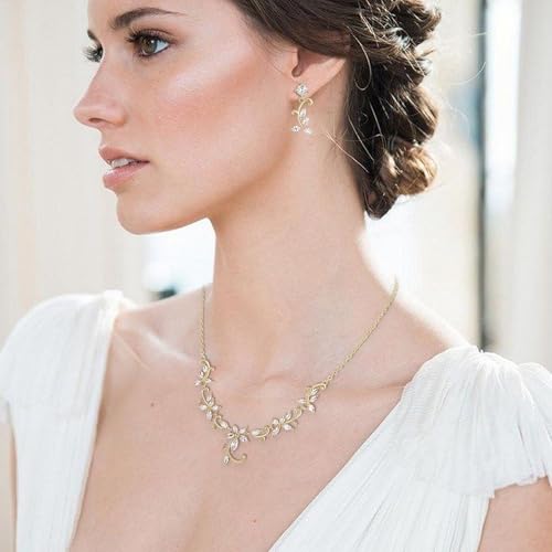 Crysdue Flower Leaf Wedding Jewelry Set for Bridal Bridemaid, Cubic Zirconia Teardrop Elegant Silver/14K/Rose Gold Plated Vine Necklace Dangle Earrings for Prom Party - style: A_Gold Tone