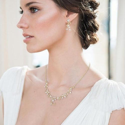 Crysdue Flower Leaf Wedding Jewelry Set for Bridal Bridemaid, Cubic Zirconia Teardrop Elegant Silver/14K/Rose Gold Plated Vine Necklace Dangle Earrings for Prom Party - style: A_Gold Tone