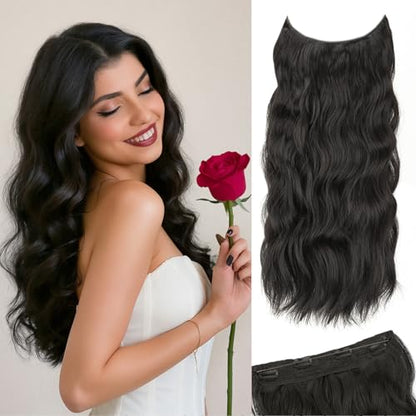 Natural Black Halo Hair Extensions 20 Inch Synthetic Hair for Women | Wavy Texture with Invisible Wire and 4 Secure Clips for Easy Daily Styling Party Wear and Added Length - color: Black