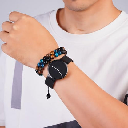 Triple Protection Bracelet,Bracelets for Men Women, Natural Tiger Eye Jewelry Stone Hematite and Blue Stone Hematite 8mm Crystal Bracelet - Adjustable Size with Premium Gift-Box - color: Black-Brown-Blue