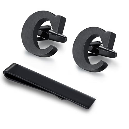 HONEY BEAR Black Initial Letter Round Cufflinks Tie Clip Set for Men | Wedding Business, Tarnish-Resistant, Steel-Plated Copper Base, Gift Box, for Groomsmen, Father, Husband, Anniversary, Formal - style: C