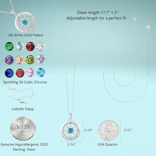 Compass Necklace for Women Wife Girlfriend Mom Daughter Gifts | S925 Silver Jewelry For Anniversary 18K Rose Gold Gifts For Birthday Christmas Mothers Valentines Day 12 Birthstones - style: 12-December-Silver