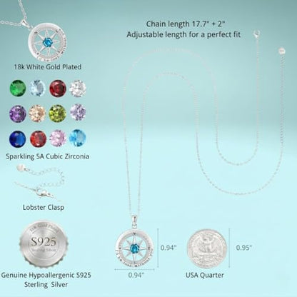 Compass Necklace for Women Wife Girlfriend Mom Daughter Gifts | S925 Silver Jewelry For Anniversary 18K Rose Gold Gifts For Birthday Christmas Mothers Valentines Day 12 Birthstones - style: 12-December-Silver