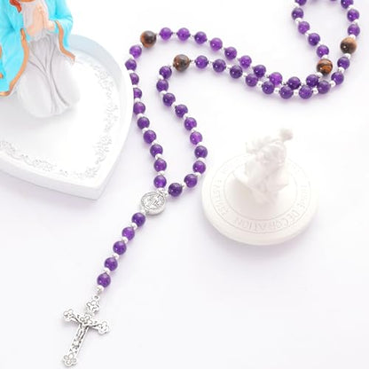 Rosary for Men Women, Natural Stone Beads with St. Benedict Bracelet | 8 mm Natural Stone Prayer Beads with 10 mm Accent Beads, St. Benedict Crucifix, Matching Bracelet, Gift Box and Pouch. - color: Purple
