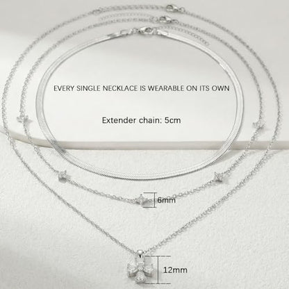 14k Gold Plated Layered Cubic Zirconia Pendant Necklace for Women | Gold Plated Clover Necklaces Stackable Dainty Cubic Zirconia Pendant Necklace，Mother's Day, Thanksgiving Jewelry Trendy gifts - color: silvery, style: Style1
