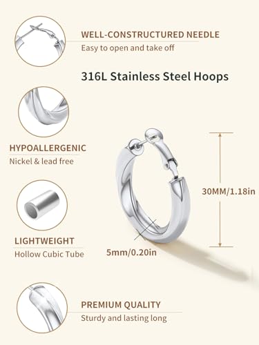 FindChic Twisted Hoop Earrings for Women, Silver/Black/14K Gold Plated Hypoallergenic Hollow Tube Rounded Loop Earrings, 30mm/40mm/60mm/80mm Hoops with Custom Name Options and Gift Box - color: b.Silver, size: 30MM