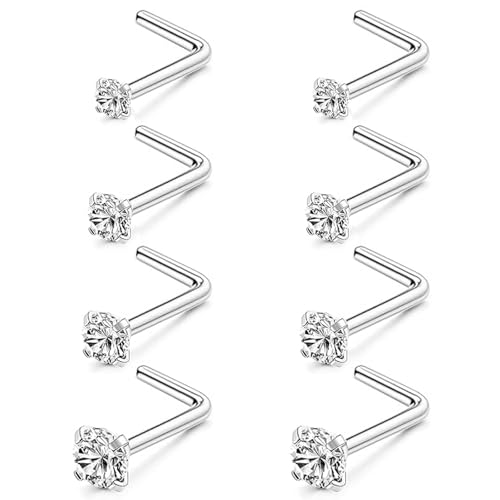 8Pcs Nose Rings Studs Set for Women Men: Hypoallergenic G23 Titanium/316L Surgical Stainless Steel Nose Studs, Nickel-free Lead-free L Shaped Corkscrew Nose Piercing Jewelry CZ 1.5mm 2mm 2.5mm 3mm - style: Titanium 8Pcs 20G L Shaped Silver