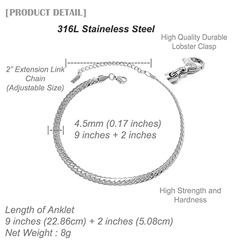 Stainless Steel Chain Ankle Bracelet for Women Adjustable Waterproof Anklet - color: Silver / 4.5mm Miami Cuban