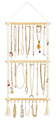 Dahey Hanging Jewelry Organizer Macrame Necklace Holder with 30 Hooks Wall Mounted Jewelry Hanger Over Door Necklace Rack with Tassel for Necklace Bracelet Earring Headband Bow Organizer