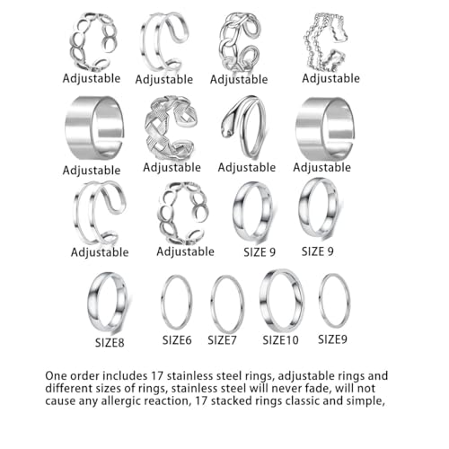 17PCS Silver Knuckle Rings for Women Stainless Steel Rings Set Midi Stackable Rings Simple Smooth Finger Rings Silver Adjustable Rings Jewelry Gift - color: 17pcs/B