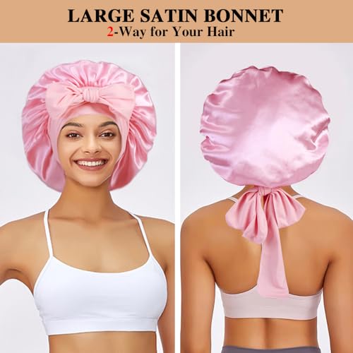 2+3 Large Satin Bonnets with Scrunchies for Women, Hair Bonnet Sleeping Tie Bonnet for Braids Curly Hair - color: I - Green, Blush Pink