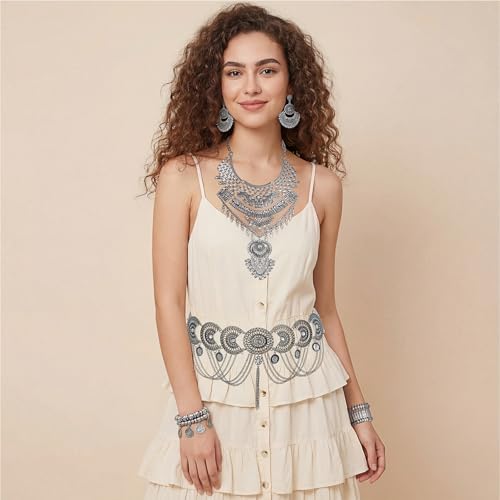Liliaafar 5 Pcs Boho Jewelry Set Waist Chain, Coin Statement Necklace, Coin Hand Bracelet Dangle Earrings for Women Silver
