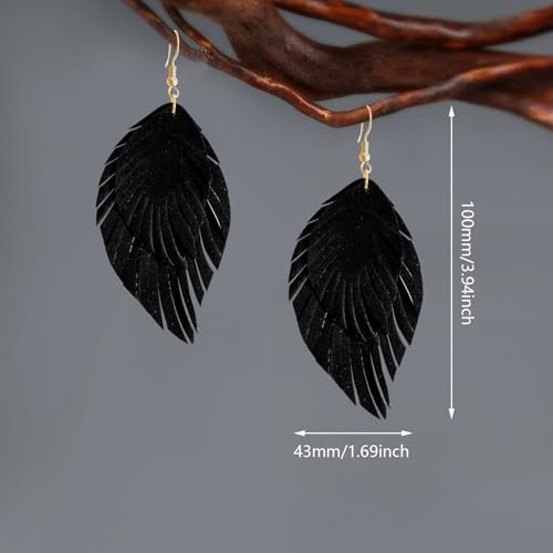 Handmade Bohemian Large Soft Genuine Leather Fringe Double Feather Dangle Drop Earrings Lightweight Simple Color PU Leaf Hook Earrings for Women - color: Black