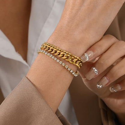 CTRLZTEAM 14K 18K Gold Plated Layered Bracelets for Women Stacked Bracelet | 14K 18K gold plated multi layer bracelets combine distinct chains with single clasp for instant pre-stacked style - style: Integrated Bold Triple-Layer