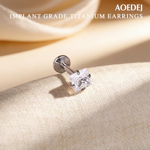 AOEDEJ 20/18/16G Titanium Internally Threaded Flat Back Stud Earrings 3/4/5mm Stars Square CZ Nose Lip Medusa Monroe Labret Piercing Jewelry for Cartilage Conch Tragus Helix Ear Studs - style: 18G-Squares