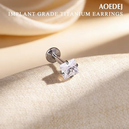 AOEDEJ 20/18/16G Titanium Internally Threaded Flat Back Stud Earrings 3/4/5mm Stars Square CZ Nose Lip Medusa Monroe Labret Piercing Jewelry for Cartilage Conch Tragus Helix Ear Studs - style: 20G-Squares