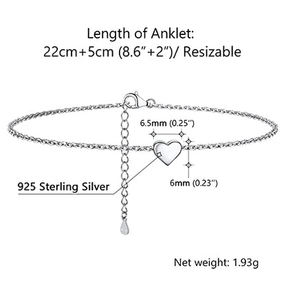 PROSILVER 925 Sterling Silver Ankle Bracelets For Women, Stylish Chain Anklets, Summer Beach Jewelry, 8.6-10.6 Inch Adjustable, Come with Box - style: 01 Heart Anklet