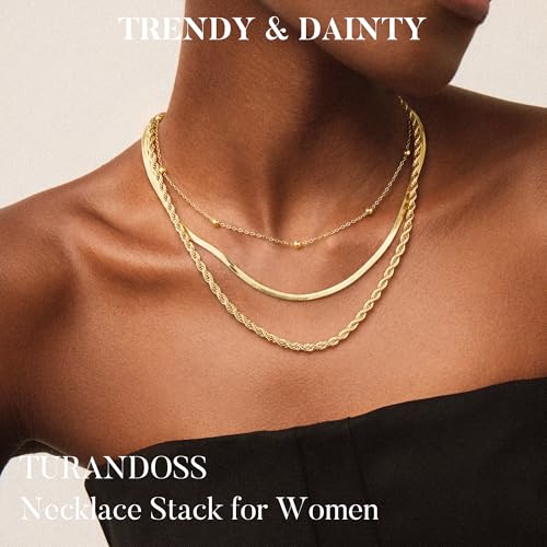 Turandoss Layered Necklaces for Women, 14K Gold Plated Chain Necklace Stack | Non Tarnish Gold Necklaces for Women, Toggle Clasp Herringbone Rope Satellite Cuban Link Chain Necklace, Trendy Jewelry Gifts - color: herringbone+satellite+rope-1