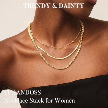 Turandoss Layered Necklaces for Women, 14K Gold Plated Chain Necklace Stack | Non Tarnish Gold Necklaces for Women, Toggle Clasp Herringbone Rope Satellite Cuban Link Chain Necklace, Trendy Jewelry Gifts - color: herringbone+satellite+rope-1