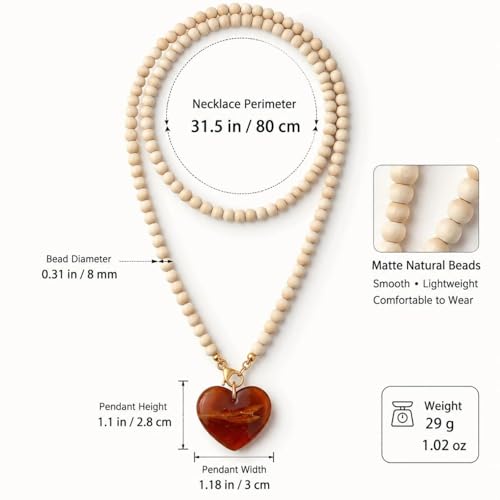 Chunky Beaded Heart Necklace Boho Statement Jewelry for Women Earthy Wooden Bead Necklace for Fall Outfit Sweater Accessories Vacation Styling Birthday Gift