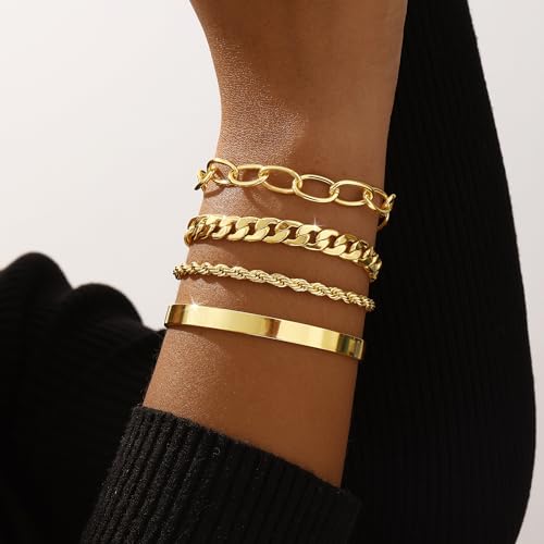 MFRYK Gold/Silver Bracelets For Women,Trendy 14k Gold/Silver Plated lightweight Dainty Chunky Thin Cuban Link Paperclip Chain Tennis Bangle Bracelets Stack Set,Ring Hand Chain Bracelet,Gold Jewelry Gift For Women Fashion Accessories - style: 4Pcs cuff ban