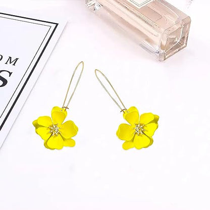 Bohemian Daisy Flower Matte Floral Long Petal Drop Dangle Earrings Layered Tiered for Women Chic Boho Wedding Jewelry - color: Yellow
