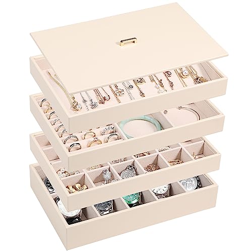 Voova Stackable Jewelry Organizer Tray with Lid (Set of 4, Apricot) | Stackable PU leather jewelry trays with drawer inserts for earrings, rings, necklaces, bracelets and watches; set of 4 - color: Apricot
