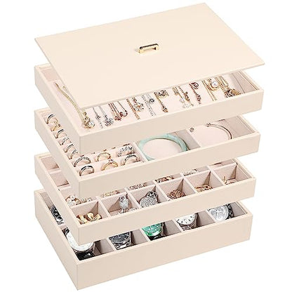 Voova Stackable Jewelry Organizer Tray with Lid (Set of 4, Apricot) | Stackable PU leather jewelry trays with drawer inserts for earrings, rings, necklaces, bracelets and watches; set of 4 - color: Apricot