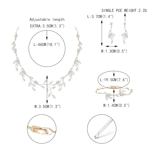 Cubic Zirconia Leaf Vine Wedding Jewelry Set for Bride Women Bridesmaid | Pear-Shaped Birthstone, Necklace Dangle Earrings for Bridesmaid, Silver-Plated-Brass - color: 3pcs_Clear Gold-Plated-Brass