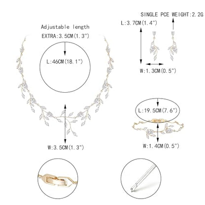 Cubic Zirconia Leaf Vine Wedding Jewelry Set for Bride Women Bridesmaid | Pear-Shaped Birthstone, Necklace Dangle Earrings for Bridesmaid, Silver-Plated-Brass - color: 3pcs_Clear Gold-Plated-Brass