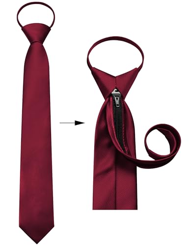 GUSLESON 3.15"（8cm） Mens Pre-tied Adjustable Zipper Tie Solid Necktie for Business and Wedding - color: Burgundy