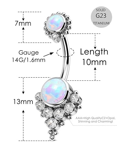 G23 Solid Titanium Belly Button Rings for Women Bezel Cluster 14G Implat-Grade Hypoallergenic Navel Rings Cute 14g Belly Rings - color: D-White Opal-Small Syle