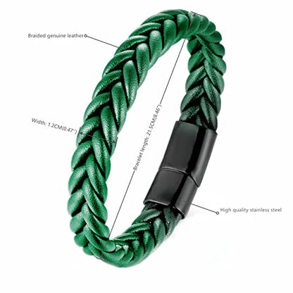 Handmade Braided Leather Bracelet, Black Stainless Steel Clasp, Mens, Cool Classic Stylish - color: Green