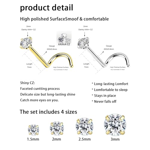 14Pcs Gold and Silver 18G Nose Ring Hoops and 20G Nose Studs Set | 316L surgical steel set with 18G nose hoops and 20G corkscrew CZ nose studs in 1.5/ 2/ 2.5/ 3mm for women and men