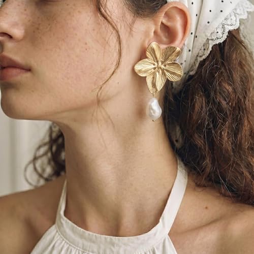 BELLA-Bee Gold Plated Flower Drop Earrings for Women, Dangle Earrings with Pearl, Hypoallergenic Gold Earrings for Sensitive Ears, Elegant Jewelry Gifts - color: 18K Gold Plated Flower-1