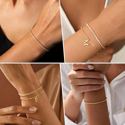 Gold Bracelets for Women Girls - Dainty Gold/Silver Bracelet Stack Jewelry Set Personalized Initial Bracelets Cute Stackable Rope Box Chain Tennis Bracelets Gifts for Women Teen Girl Gifts - color: H-Gold