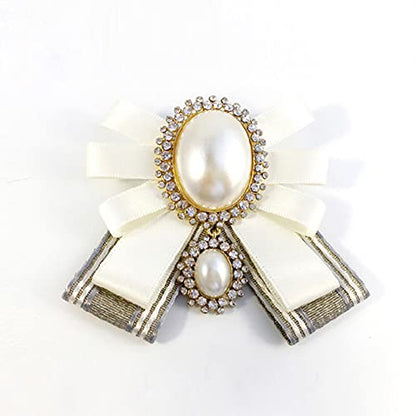 FASELE Bow Brooch Pre-Tied Neck Tie Pearl Brooch Pin Striped Bow Tie for Women Wedding Party Bow Tie - color: White/Pin