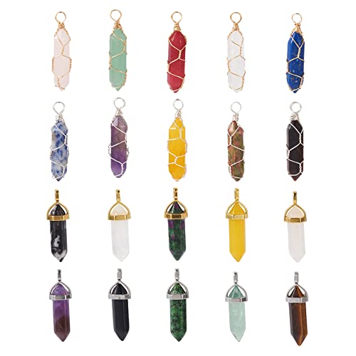 20pcs Mixed Gemstone Bullet & Hexagonal Chakra Crystal Pendants for Jewelry Making - color: 3-Mixed Color-Bullet with Wire Wrapped
