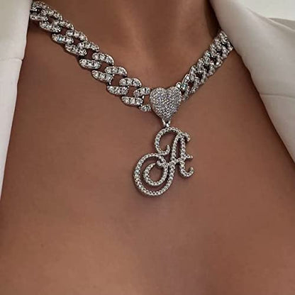 Initial Necklaces Silver Cuban Link Chain for Women Iced Out Chain with Heart Letter Pendants Custom Chain Name Necklace Hip Hop Jewelry Gift - color: M