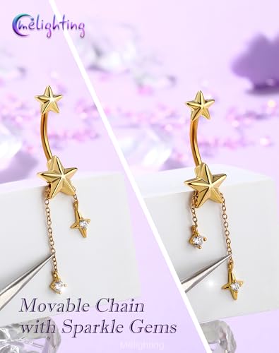 Melighting 14G Gold Belly Button Ring Dangle Chain, 10 mm Stainless Steel Belly Piercing Jewelry with CZ Heart Star Design, Cute Silver Navel Ring for Beach Daily Wear Women - color: Gold Star