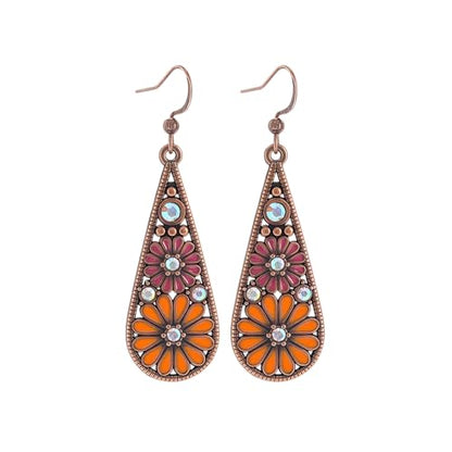 Bohemian Crystal Teardrop Dangle Earrings, Copper, Tribal Geometric Design, Handmade National Style for Women - color: Burnt Orange