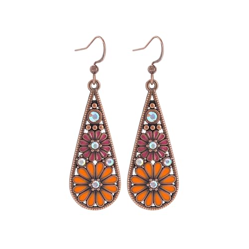 Bohemian Crystal Teardrop Dangle Earrings, Copper, Tribal Geometric Design, Handmade National Style for Women - color: Burnt Orange