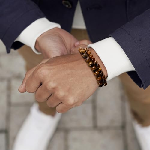 Mens Bead Bracelet Set - Adjustable Elastic Rope With 6&8MM Natural Stone Multi-Colored Beads - Tiger Eye Bracelets for Men - Gift - style: 2,8mm+10mm Tiger eye