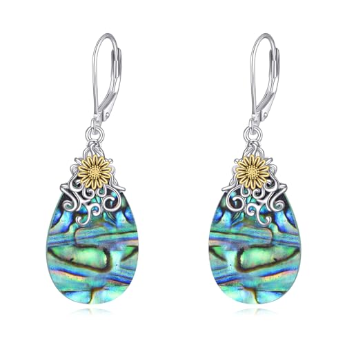 POPLYKE Dragonfly Butterfly Hummingbird Sunflower Earrings 925 Sterling Silver Abalone Shell Moonstone Leverback Earrings Jewelry - style: Sunflower