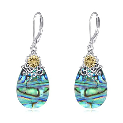POPLYKE Dragonfly Butterfly Hummingbird Sunflower Earrings 925 Sterling Silver Abalone Shell Moonstone Leverback Earrings Jewelry - style: Sunflower