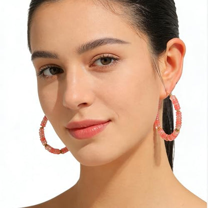 Wellike Beaded Hoop Earrings for Women Natural Stone Pink Gold Huggie Earrings Hypoallergenic Dainty Waterproof Trendy Jewelry - color: Rose Pink, size: 50mm