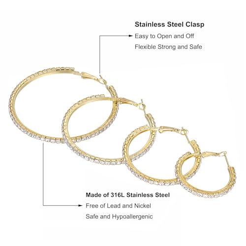 4 Pairs Gold Hoop Earrings for Women | 14K Gold Plated Hypoallergenic Small Large Earrings Set, Lightweight Stainless Steel Hoops - color: Yellow